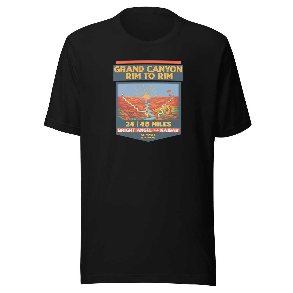 Black Grand Canyon Rim to Rim hiking shirt featuring Bright Angel and North Kaibab Trail inspired artwork, achievement t-shirt for Grand Canyon hikers