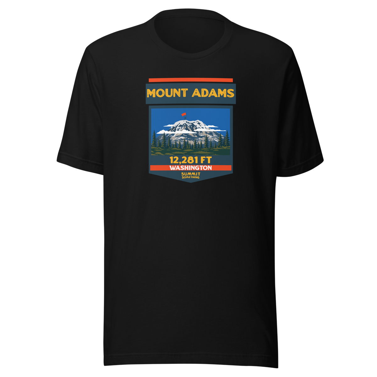 Black Mount Adams T-shirt featuring Washington's 12,281 ft Cascade volcano mountain artwork, graphic hiking shirt for climbers and outdoor adventurers