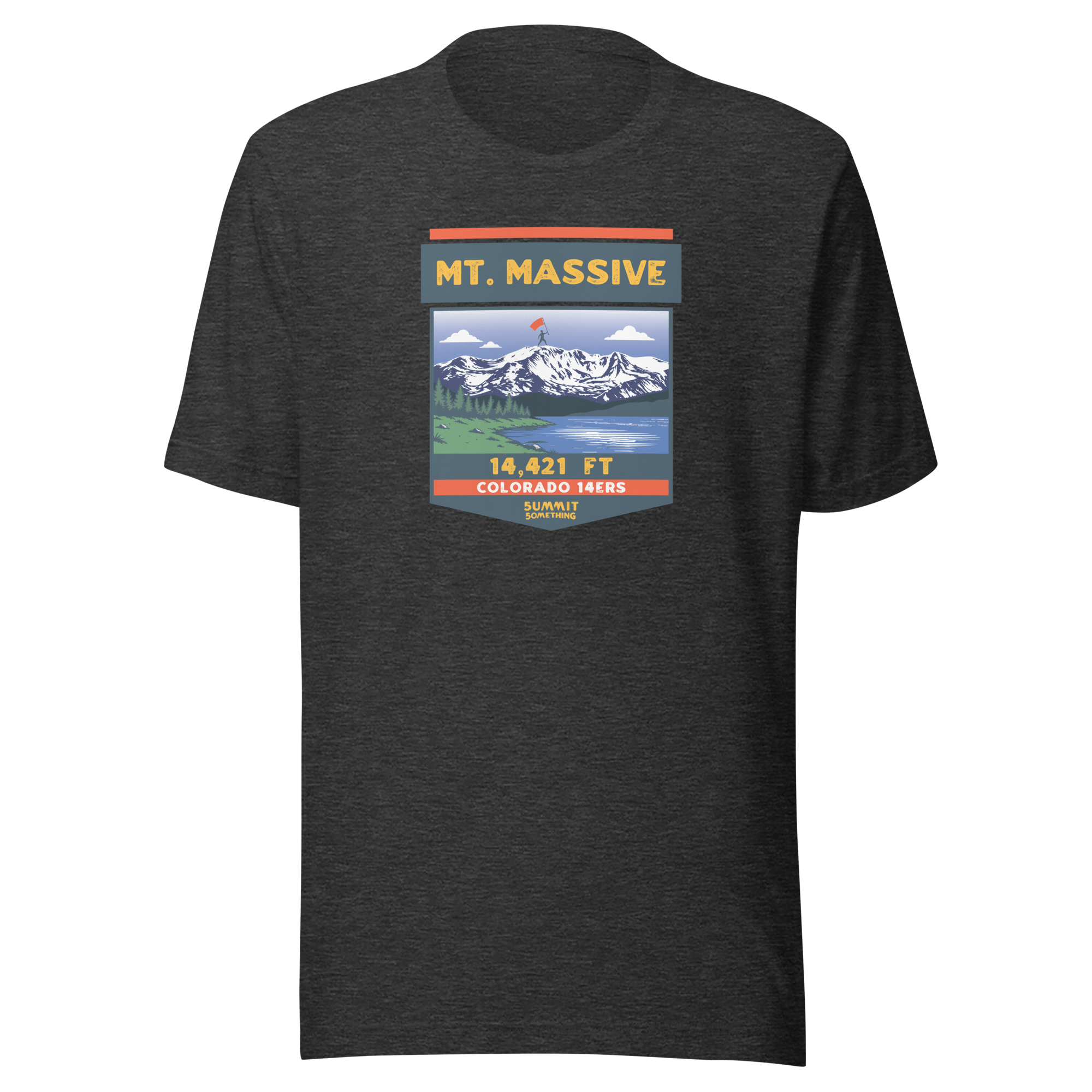 Mt. Massive t-shirt with image showing the icnonic image of the mountain and the elevation.