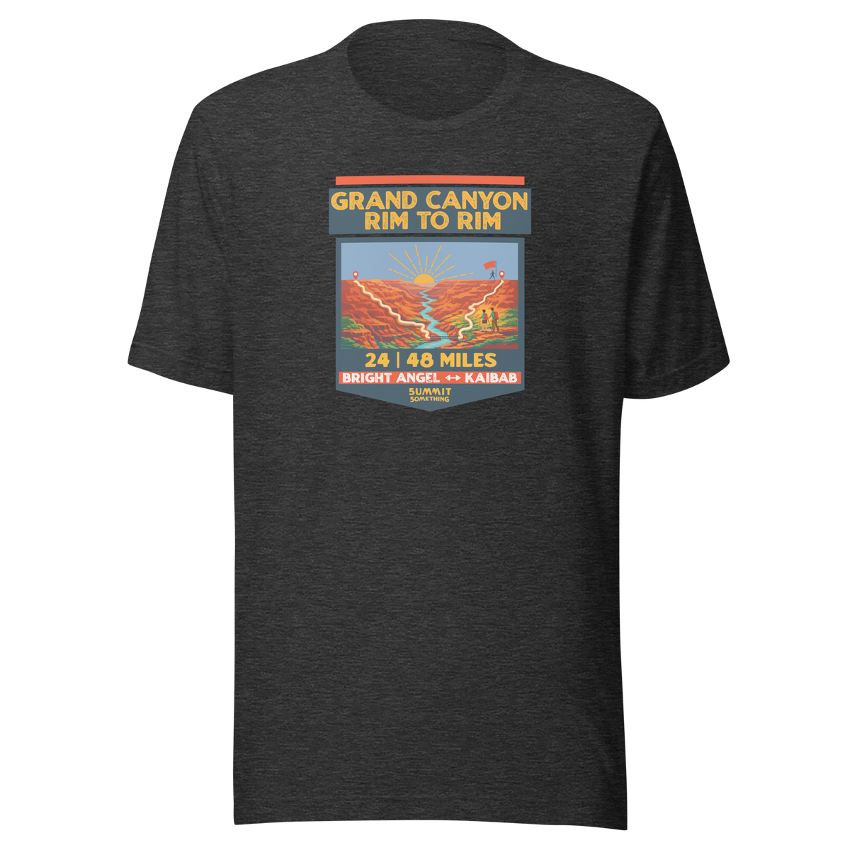 Grey Heather Grand Canyon Rim to Rim hiking shirt featuring Bright Angel and North Kaibab Trail inspired artwork, achievement t-shirt for Grand Canyon hikers