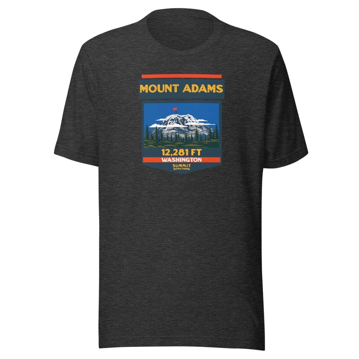 Dark Grey Heather Mount Adams T-shirt featuring Washington's 12,281 ft Cascade volcano mountain artwork, graphic hiking shirt for climbers and outdoor adventurers