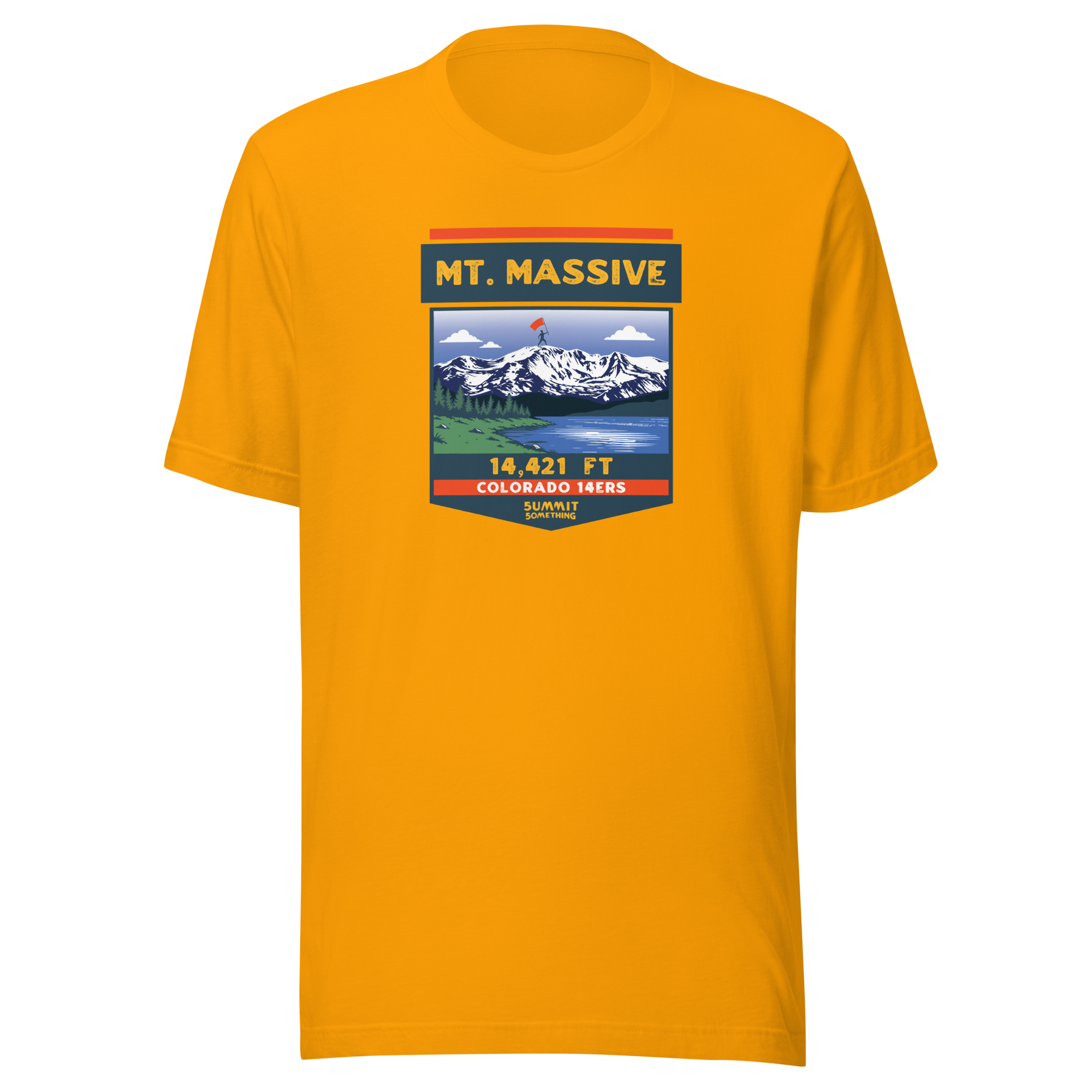 Mt. Massive t-shirt with image showing the icnonic image of the mountain and the elevation.