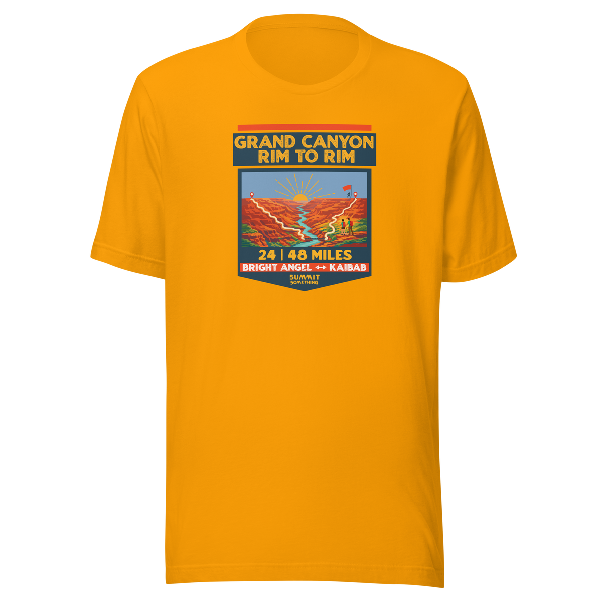 Gold Grand Canyon Rim to Rim hiking shirt featuring Bright Angel and North Kaibab Trail inspired artwork, achievement t-shirt for Grand Canyon hikers