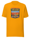 Gold Grand Canyon Rim to Rim hiking shirt featuring Bright Angel and North Kaibab Trail inspired artwork, achievement t-shirt for Grand Canyon hikers