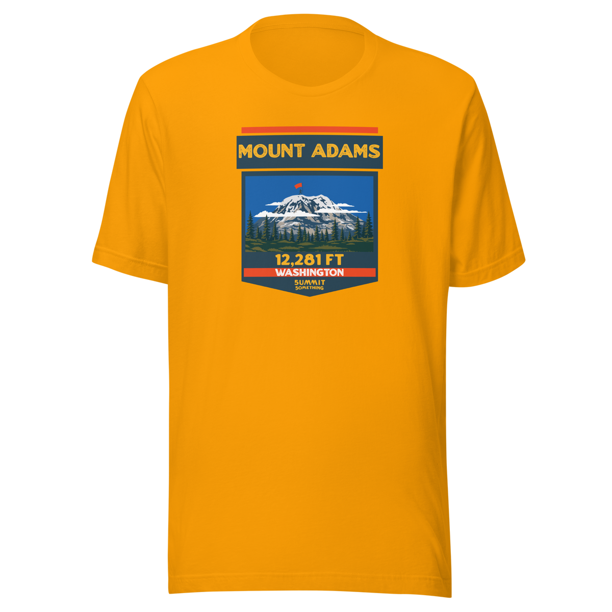 Gold Mount Adams T-shirt featuring Washington's 12,281 ft Cascade volcano mountain artwork, graphic hiking shirt for climbers and outdoor adventurers.
