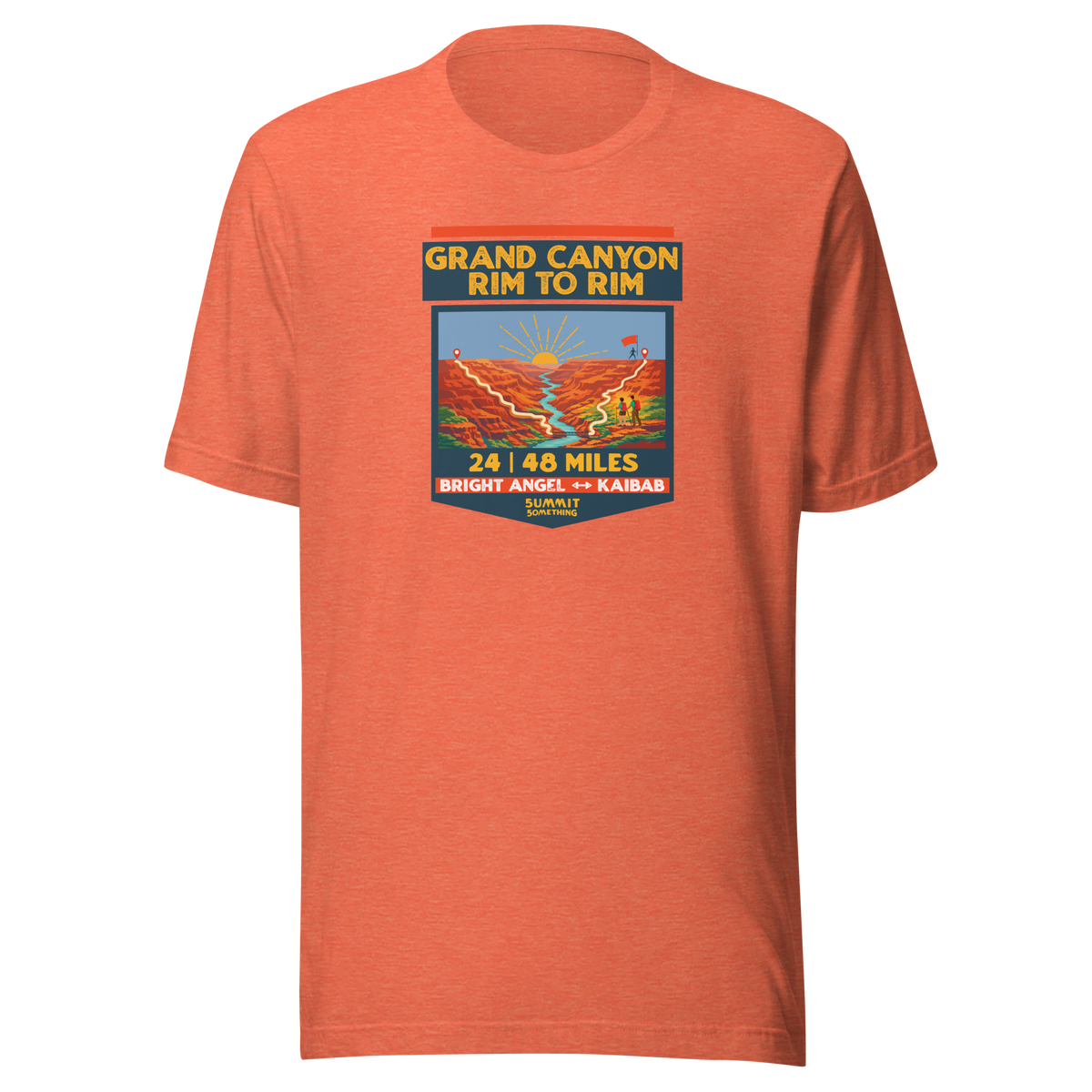 Heather Orange Grand Canyon Rim to Rim hiking shirt featuring Bright Angel and North Kaibab Trail inspired artwork, achievement t-shirt for Grand Canyon hikers