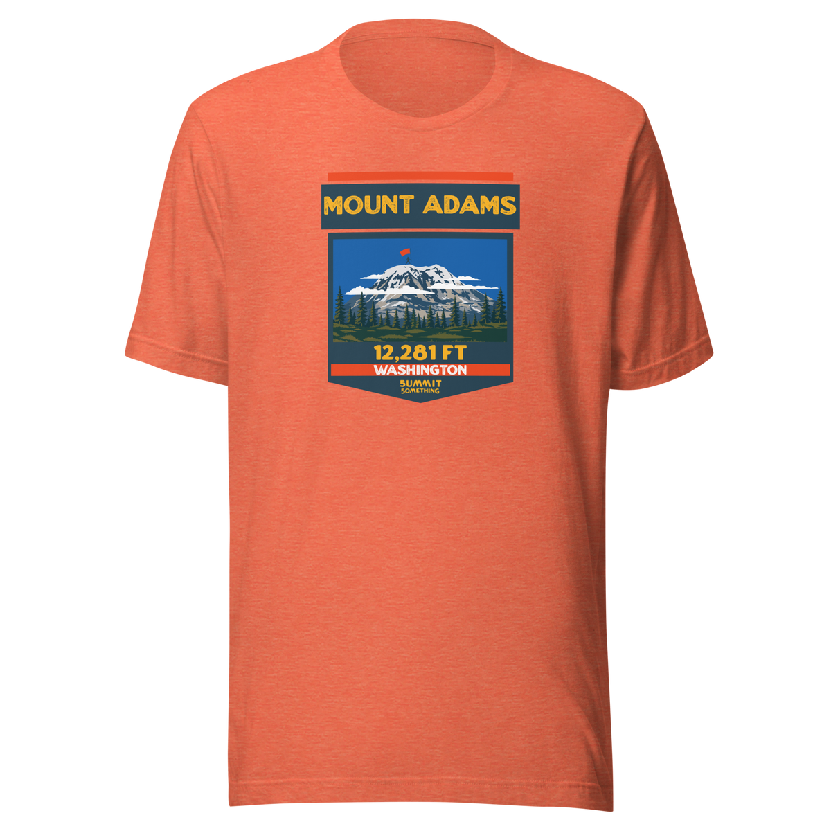 Heather orange Mount Adams T-shirt featuring Washington's 12,281 ft Cascade volcano mountain artwork, graphic hiking shirt for climbers and outdoor adventurers