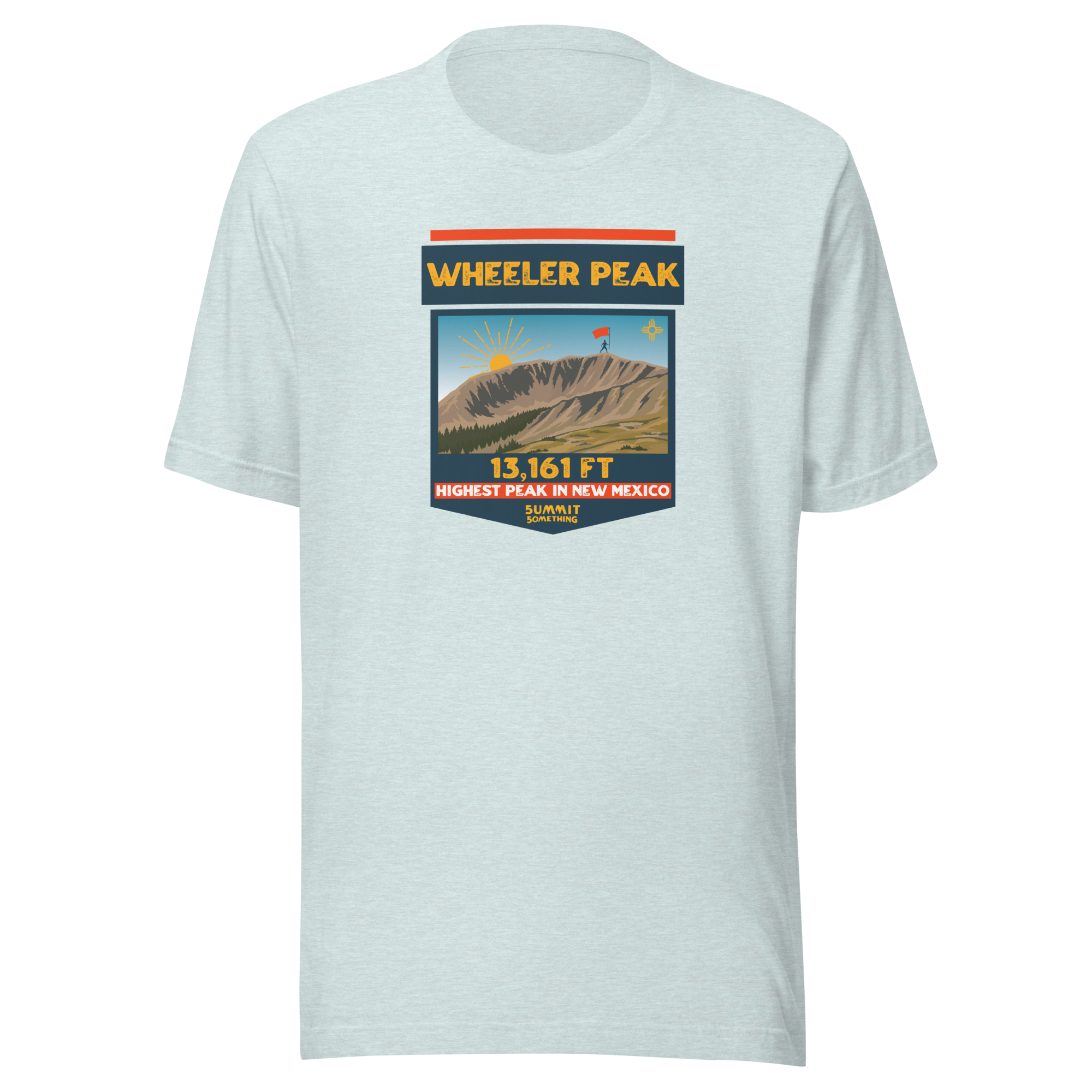 Heather prism ice blue Mt. Wheeler t-shirt with image of the mountain and the 13,161 ft. elevation