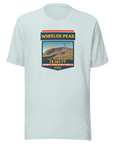 Heather prism ice blue Mt. Wheeler t-shirt with image of the mountain and the 13,161 ft. elevation