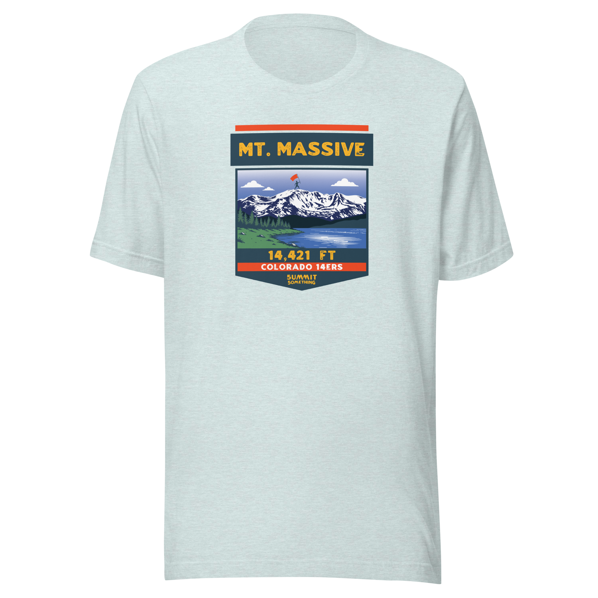 Mt. Massive t-shirt with image showing the icnonic image of the mountain and the elevation.