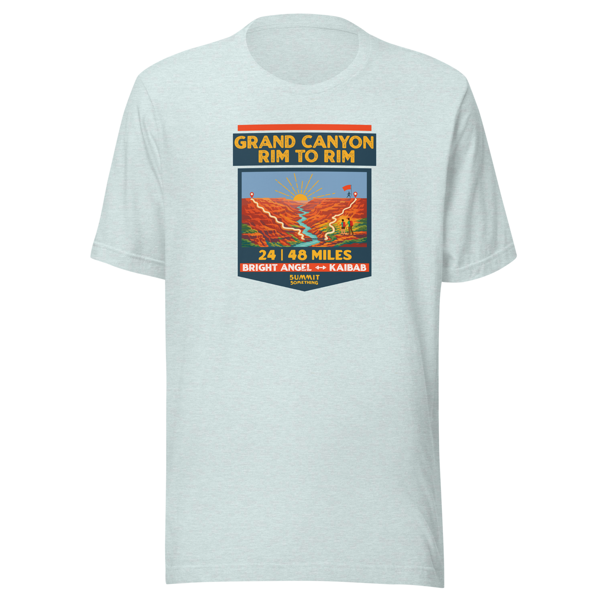 Heather ice blue Grand Canyon Rim to Rim hiking shirt featuring Bright Angel and North Kaibab Trail inspired artwork, achievement t-shirt for Grand Canyon hikers