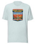 Heather ice blue Grand Canyon Rim to Rim hiking shirt featuring Bright Angel and North Kaibab Trail inspired artwork, achievement t-shirt for Grand Canyon hikers