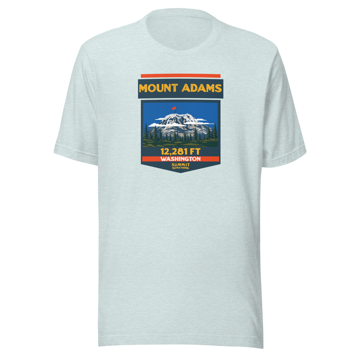 Heather prism ice blue Mount Adams T-shirt featuring Washington's 12,281 ft Cascade volcano mountain artwork, graphic hiking shirt for climbers and outdoor adventurers.