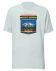 Heather prism ice blue Mount Adams T-shirt featuring Washington's 12,281 ft Cascade volcano mountain artwork, graphic hiking shirt for climbers and outdoor adventurers.