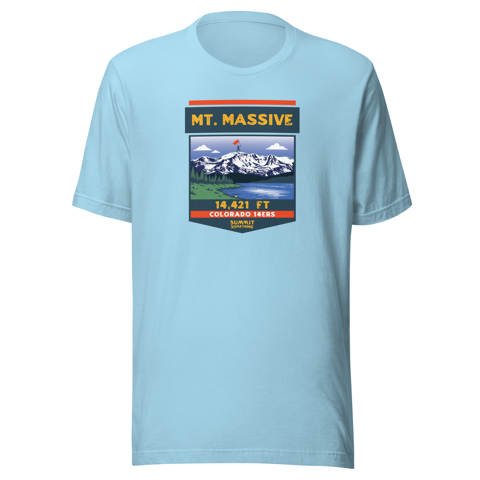 Mt. Massive t-shirt with image showing the icnonic image of the mountain and the elevation.