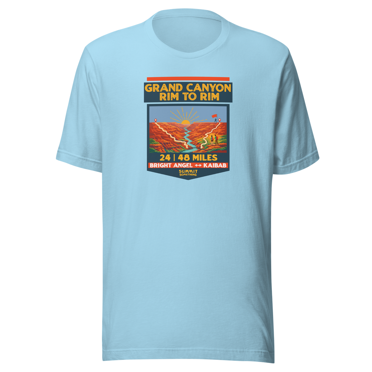 Ocean Blue Grand Canyon Rim to Rim hiking shirt featuring Bright Angel and North Kaibab Trail inspired artwork, achievement t-shirt for Grand Canyon hikers
