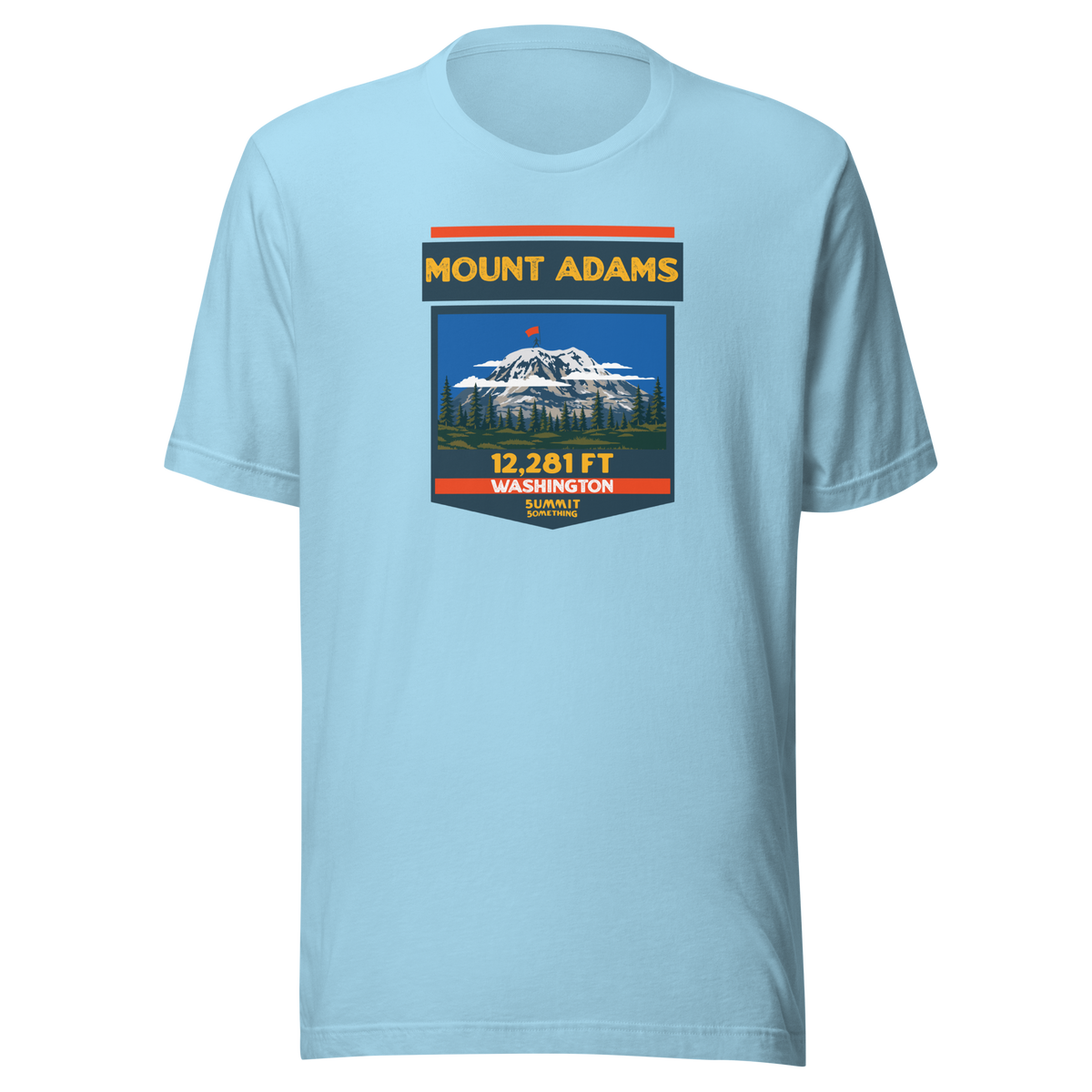 Ocean blue Mount Adams T-shirt featuring Washington's 12,281 ft Cascade volcano mountain artwork, graphic hiking shirt for climbers and outdoor adventurers.