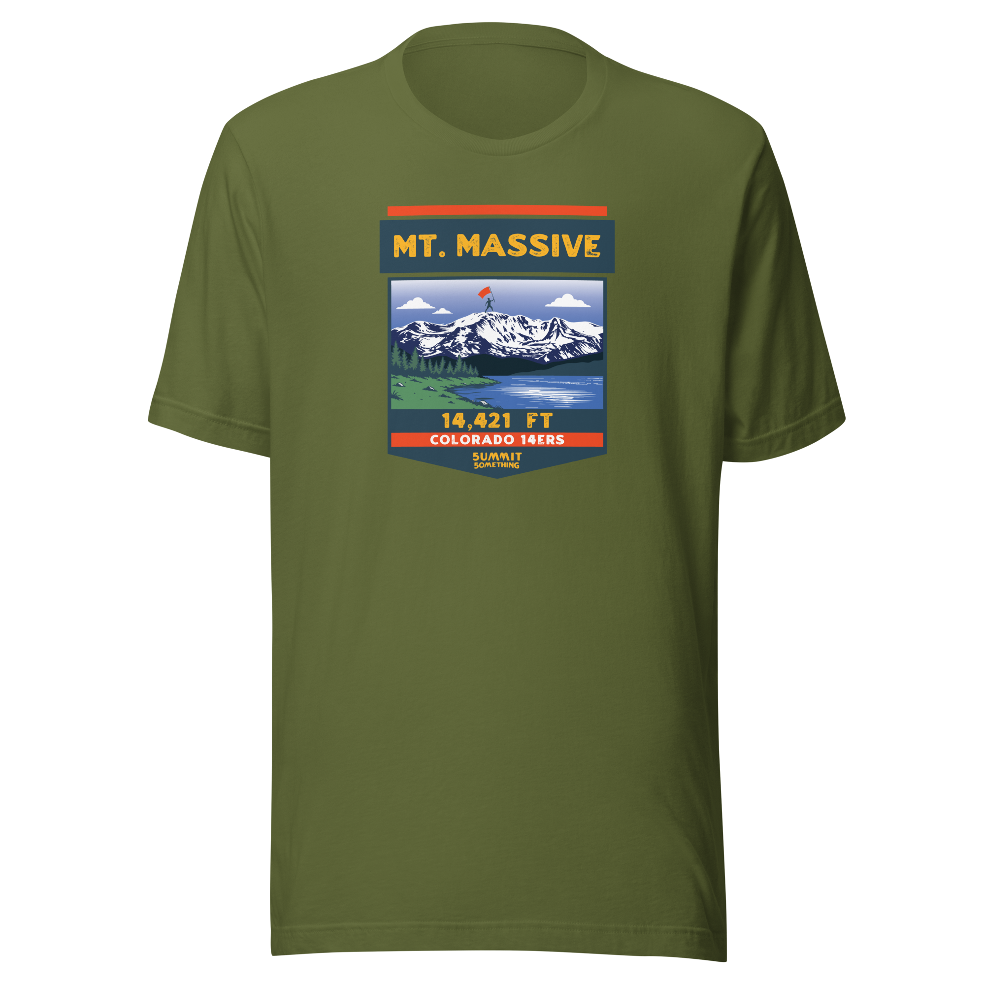Mt. Massive t-shirt with image showing the icnonic image of the mountain and the elevation.