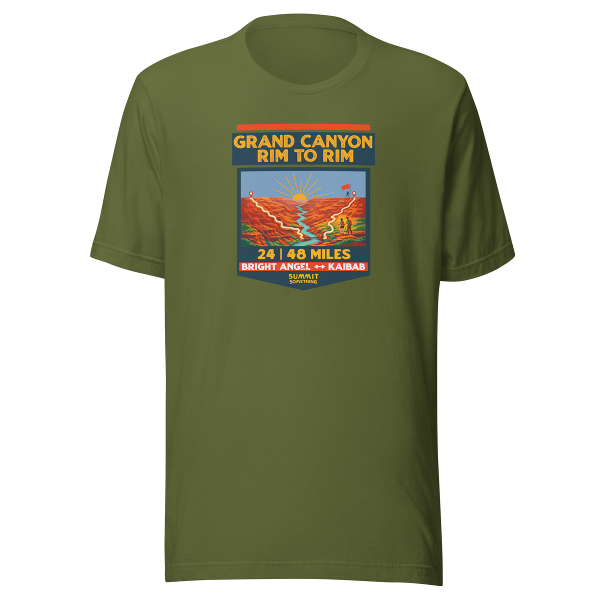 Olive Grand Canyon Rim to Rim hiking shirt featuring Bright Angel and North Kaibab Trail inspired artwork, achievement t-shirt for Grand Canyon hikers