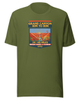 Olive Grand Canyon Rim to Rim hiking shirt featuring Bright Angel and North Kaibab Trail inspired artwork, achievement t-shirt for Grand Canyon hikers