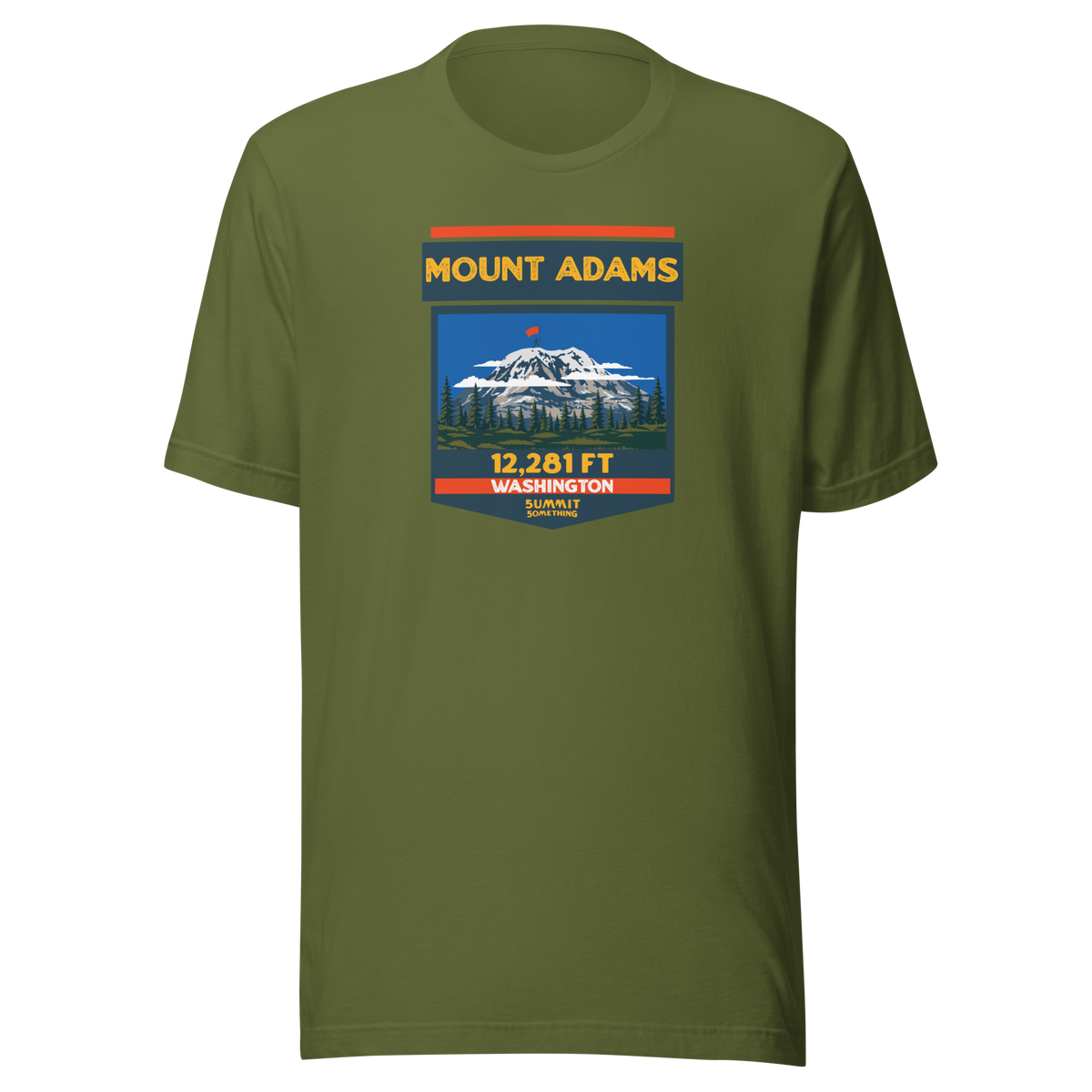 Olive Mount Adams T-shirt featuring Washington's 12,281 ft Cascade volcano mountain artwork, graphic hiking shirt for climbers and outdoor adventurers