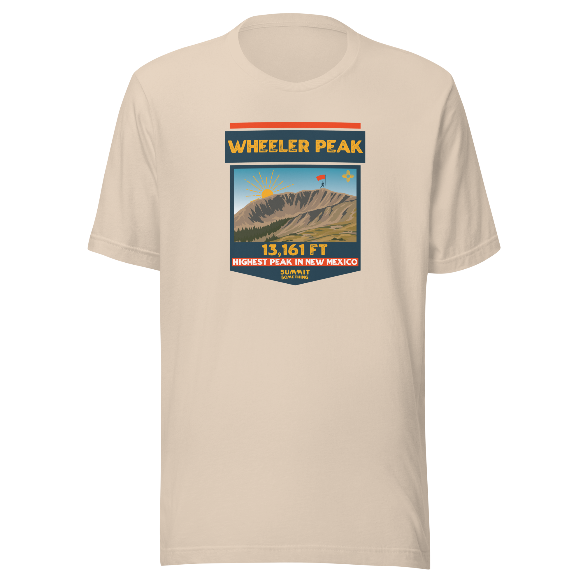Soft cream Mt. Wheeler t-shirt with image of the mountain and the 13,161 ft. elevation.