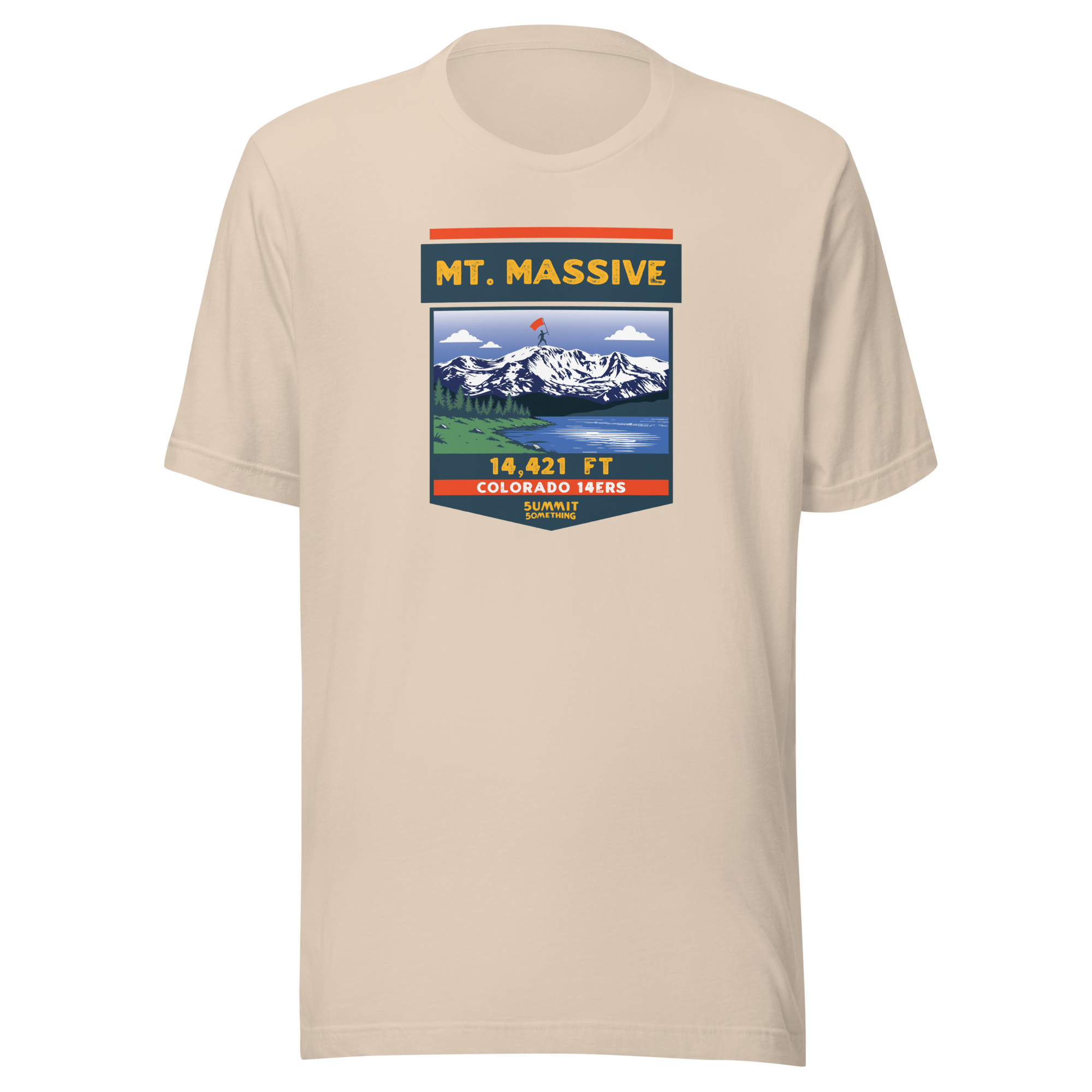 Mt. Massive t-shirt with image showing the icnonic image of the mountain and the elevation.