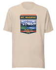 Mt. Massive t-shirt with image showing the icnonic image of the mountain and the elevation.