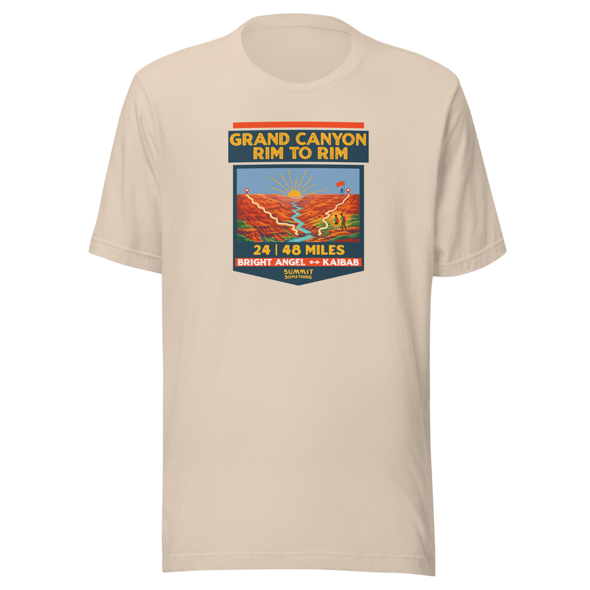Soft cream Grand Canyon Rim to Rim hiking shirt featuring Bright Angel and North Kaibab Trail inspired artwork, achievement t-shirt for Grand Canyon hikers