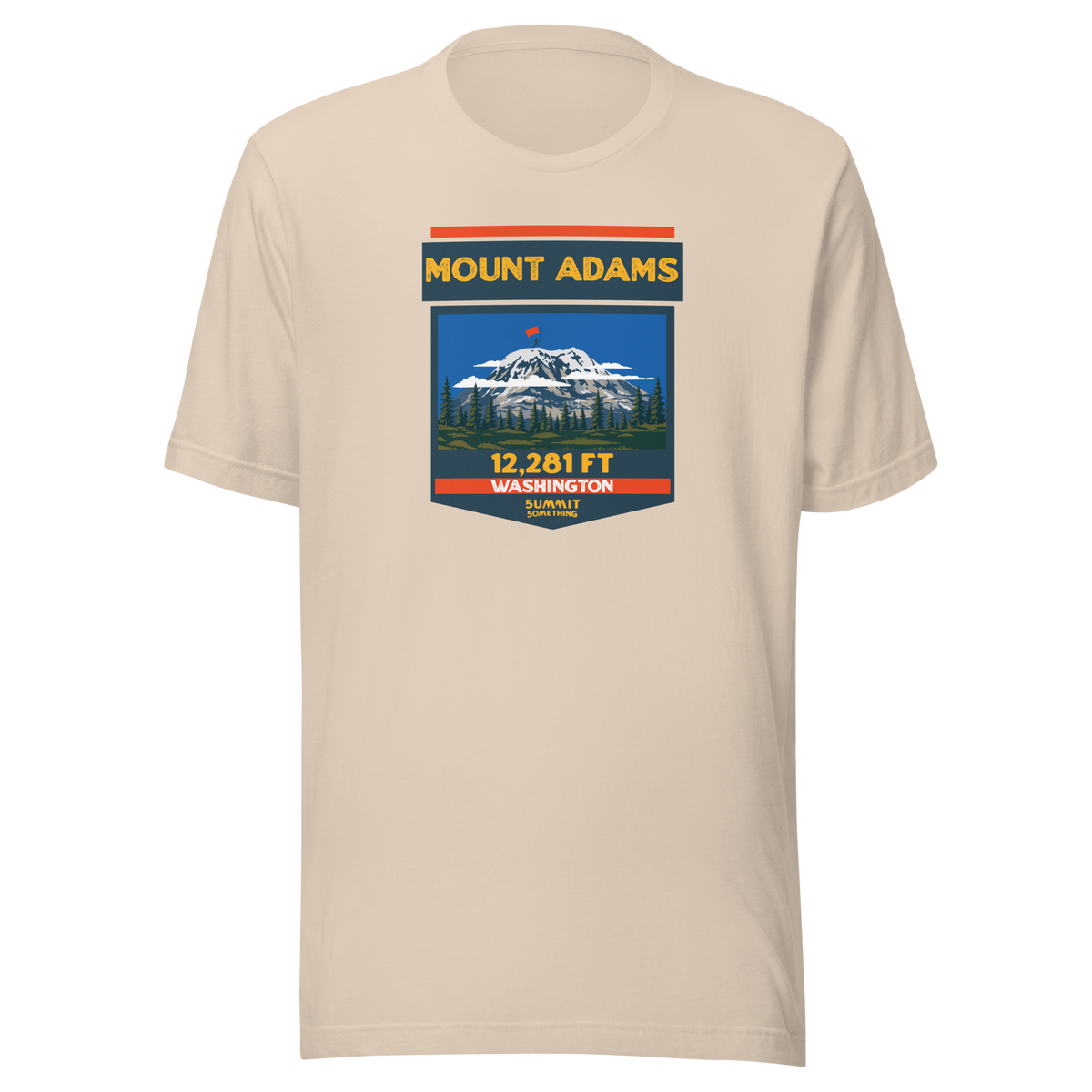 Soft cream Mount Adams T-shirt featuring Washington's 12,281 ft Cascade volcano mountain artwork, graphic hiking shirt for climbers and outdoor adventurers.