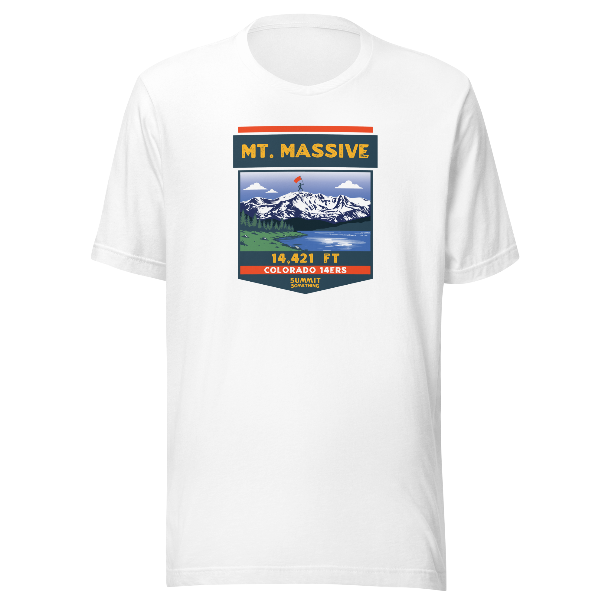 Mt. Massive t-shirt with image showing the icnonic image of the mountain and the elevation.