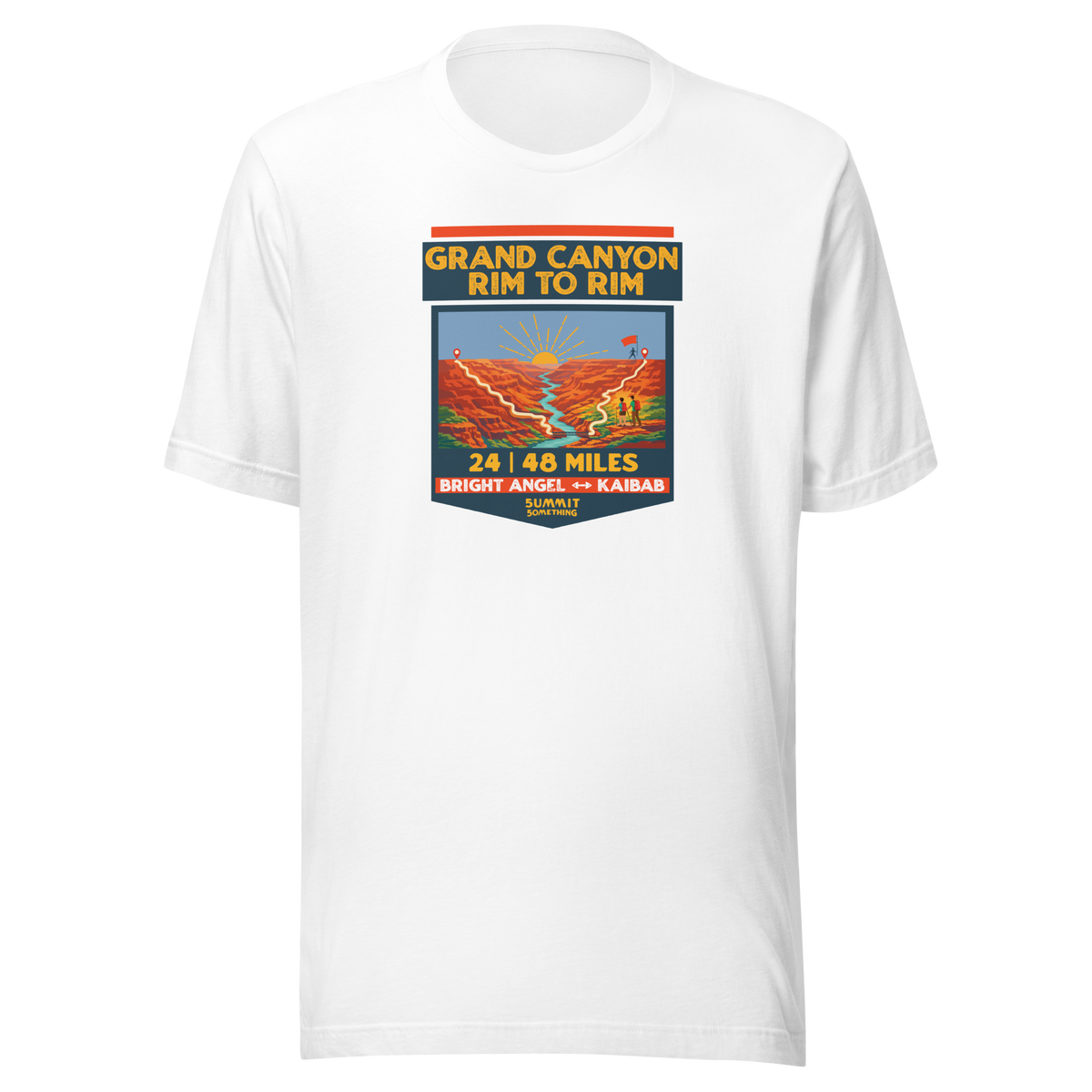 White Grand Canyon Rim to Rim hiking shirt featuring Bright Angel and North Kaibab Trail inspired artwork, achievement t-shirt for Grand Canyon hikers.