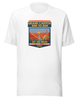 White Grand Canyon Rim to Rim hiking shirt featuring Bright Angel and North Kaibab Trail inspired artwork, achievement t-shirt for Grand Canyon hikers.
