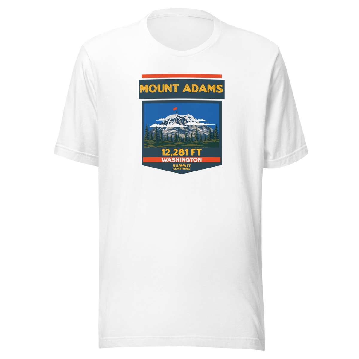 White Mount Adams T-shirt featuring Washington's 12,281 ft Cascade volcano mountain artwork, graphic hiking shirt for climbers and outdoor adventurers.