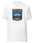 White Mount Adams T-shirt featuring Washington's 12,281 ft Cascade volcano mountain artwork, graphic hiking shirt for climbers and outdoor adventurers.
